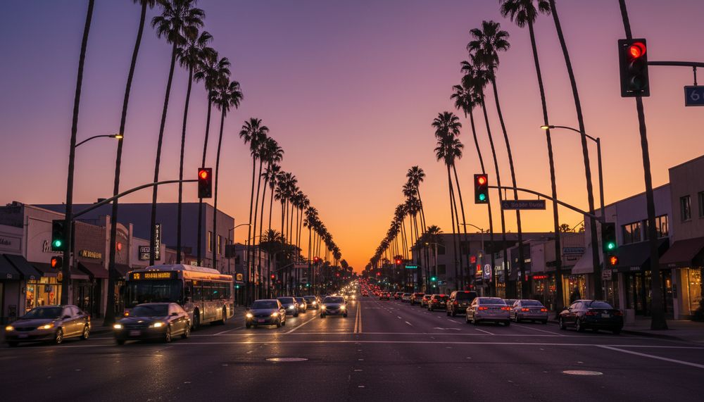 Un bulevar de California al atardecer con palmeras y semáforos encendidos