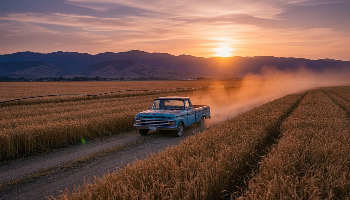 Una troca en un camino de tierra entre campos de cultivo de California al atardecer