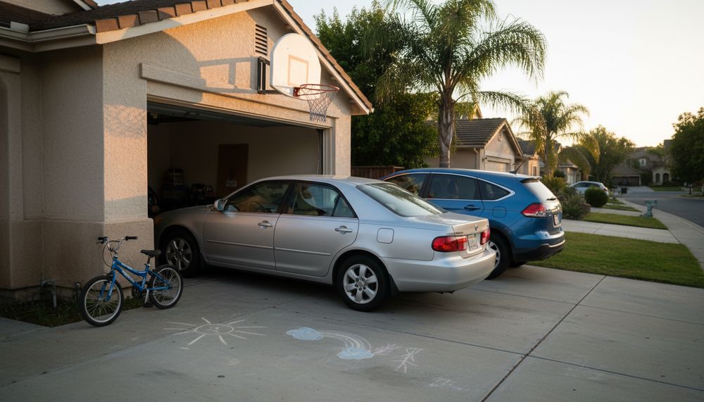 Una cochera de California con dos autos familiares y una canasta de baloncesto