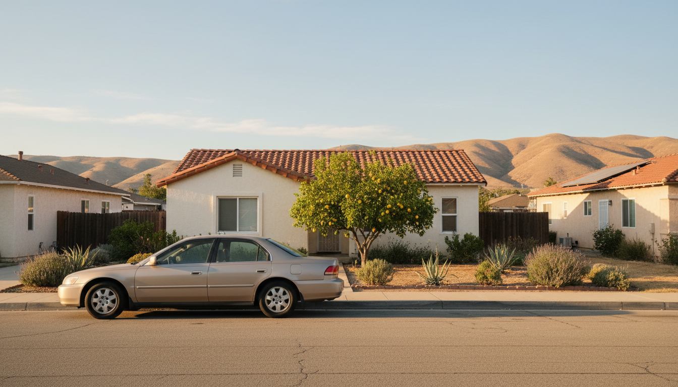 Un auto familiar estacionado frente a una casa de estuco en una calle de California a la hora dorada