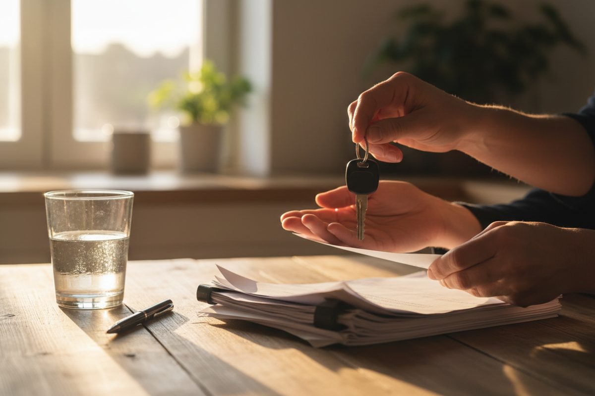 Unas manos sobre la mesa con las llaves del auto y unos papeles doblados