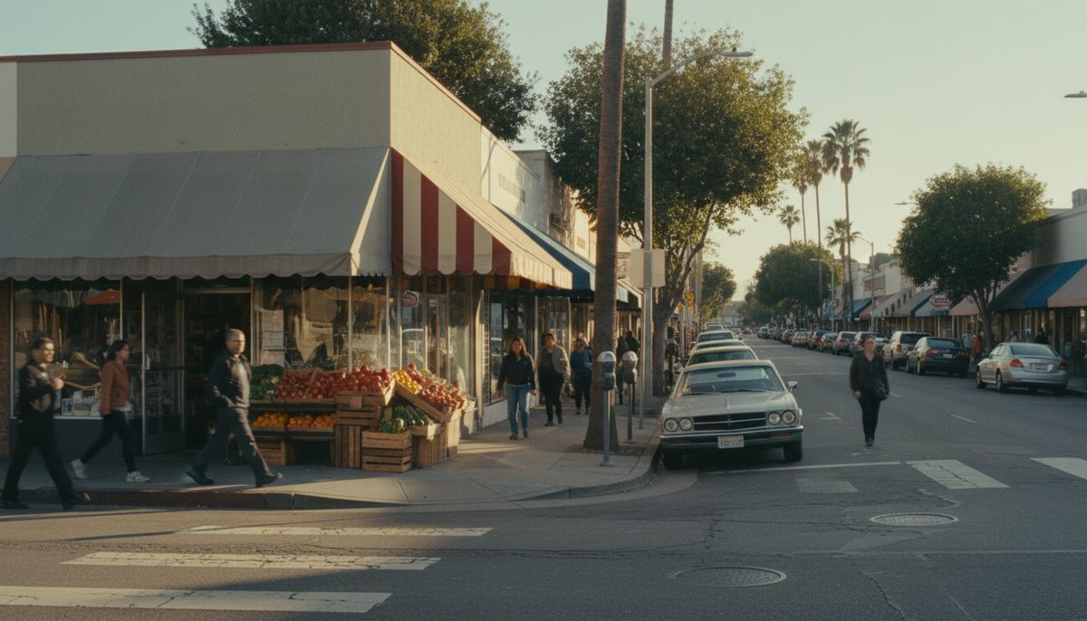 Una calle comercial de un barrio de California con tiendas y autos estacionados