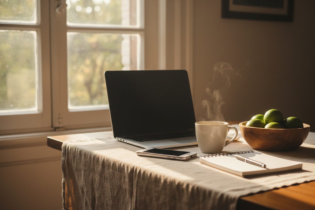 Una mesa de cocina con una laptop, un teléfono y una taza de café a la luz de la mañana
