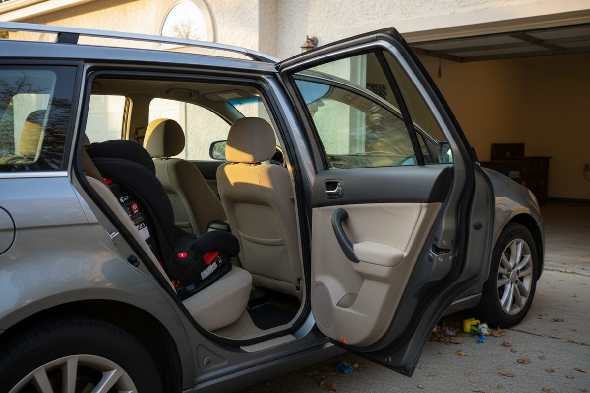 La puerta trasera abierta de un auto familiar con una silla de niño instalada