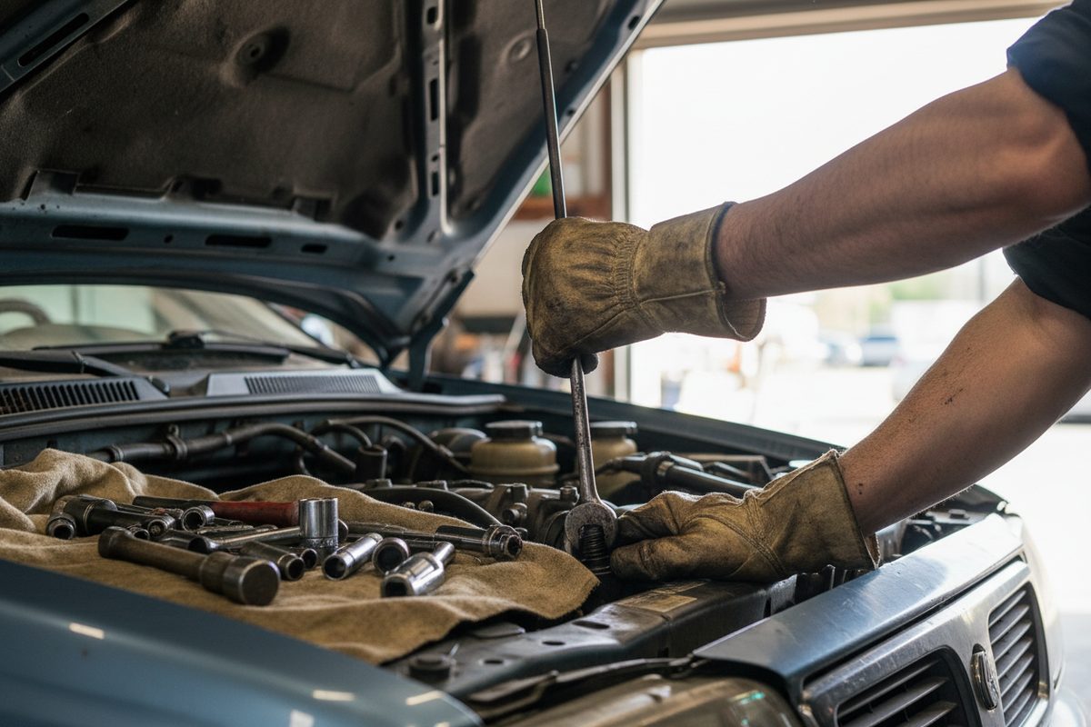 Las manos de un mecánico trabajando en el motor de un auto con el cofre levantado